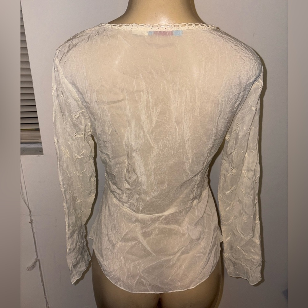 Johnny Was Ivory Embroidered Deep V Neck Long Sleeve Blouse Size S - Picture 4 of 5
